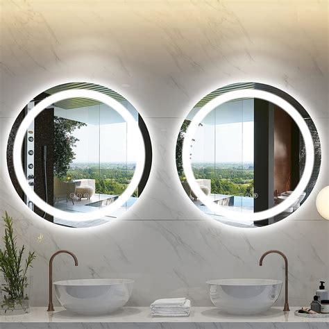 Amorho Lighted Mirror Round 24 Inch 2pack Dimmable Shatter Proof Illuminated Bathroom Mirrors