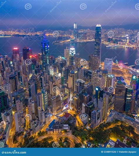 Night View From Victoria Peak In Hong Kong Aerial Shot Stock Photo