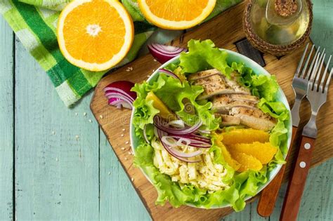 Diet Menu Healthy Salad With Chicken Egg Pancakes Orange Green