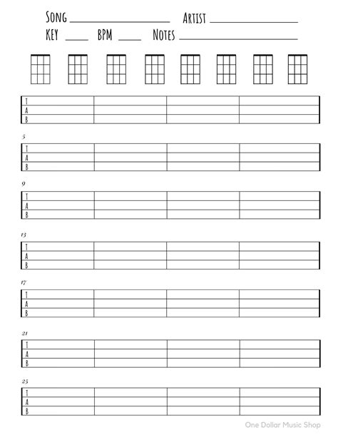 Ukulele Blank Tabs And Chords Chart Instant Download Blank Sheet Etsy