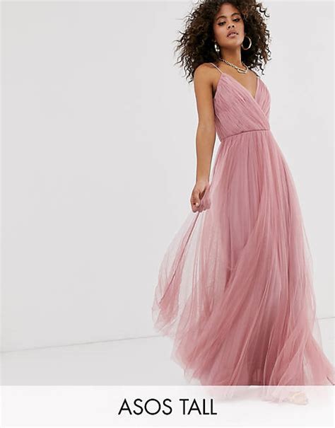 asos design tall cami pleated tulle maxi dress in rose asos