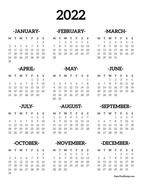 2022 Monday Start Calendar One Page Paper Trail Design Bullet