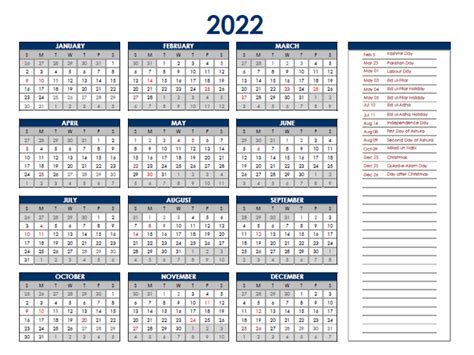 2022 Pakistan Annual Calendar With Holidays Free Printable Templates
