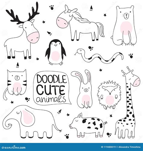 Vector Cartoon Sketch Illustration With Cute Doodle Animals Stock