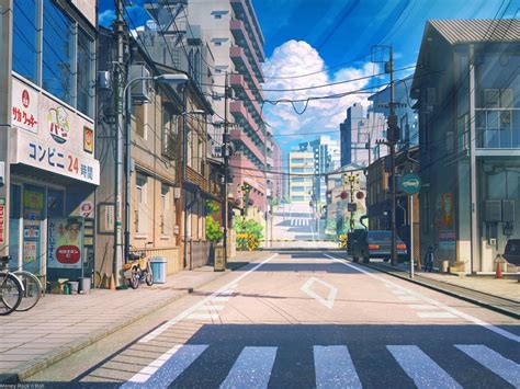 Anime Street For Desktop Scenic Buildings Bicycle Cars Road Clouds