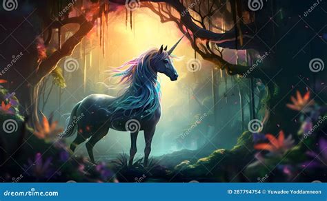 Beautiful Hairy Unicorn In The Middle Of The Forest Stock Illustration