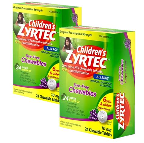 2 Pack Zyrtec Childrens Dye Free Cetirizine 10mg Chewables 6 Years