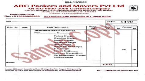 Packers And Movers Bill For Claim Original Bill For Movers And Packers Packers And Movers