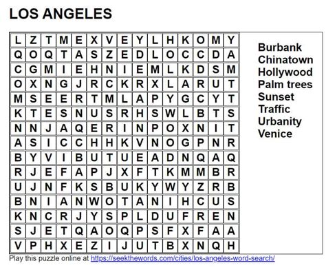 Los Angeles Word Search Pdf Printable Seek The Words