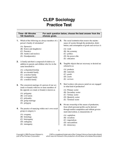 soc 101 exam exam questions clep sociology practice test time—90 minutes 100 questions 1