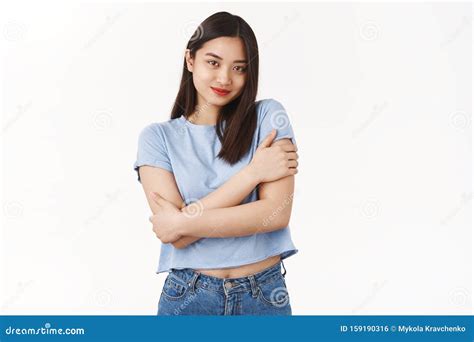Tender Feminine Romantic Silly Asian Girl Dark Short Hairstyle Touch Own Body Hugging Cross Arms
