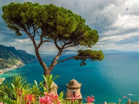 Italy Ravello Blue Sea Boat Mountains Trees Wallpaper Nature And