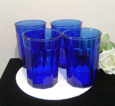 4 Cobalt Blue Glass Tumblers 10 Panel Made In France 16 Oz France Glass Cobalt Glass