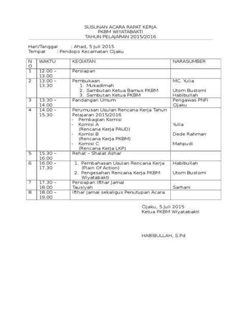 Contoh Susunan Acara Rapat Kerja Sekolah