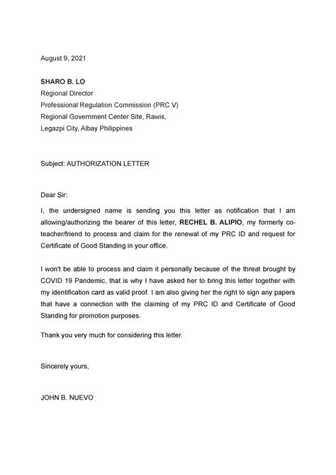 Authorization Letter For Prc Id John August Sharo B Lo