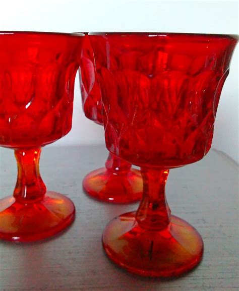 Vintage Amberina Red Glass Thumbprint Pattern Water Goblets Set Of Three Vintage Orange