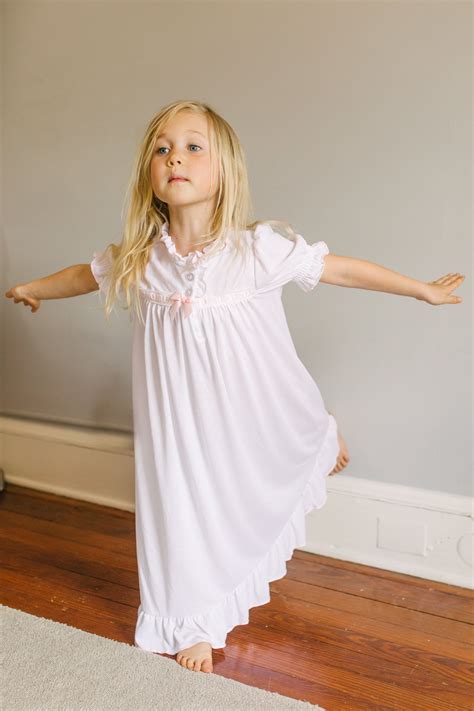 Girls Nightgown In White With Pink Ribbon Inlay Girls Nightgown