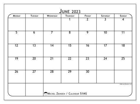 June 2023 Printable Calendar “51ms” Michel Zbinden Uk