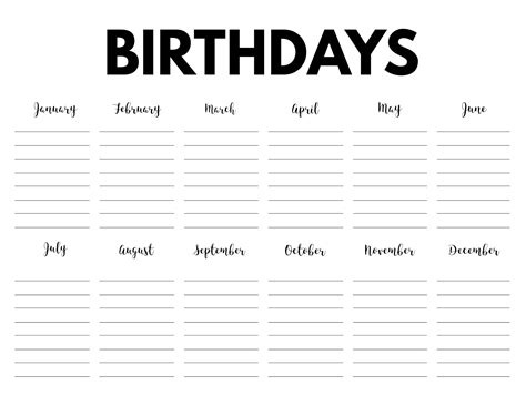 Printable Blank Birthday Calendar Printable Lab