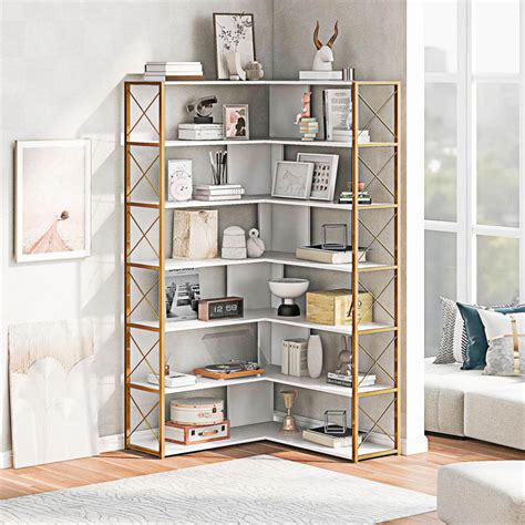 Mercer41 7 Tier L Shaped Corner Bookcase With Open Storage Wayfair Canada