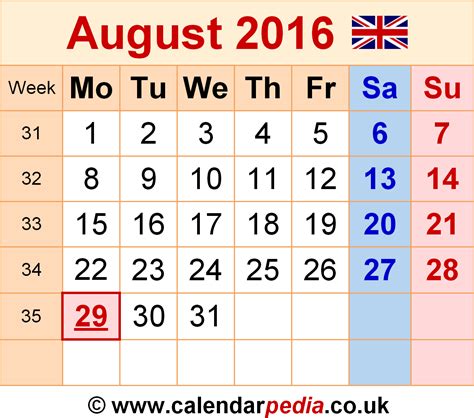 Calendar August 2016 Uk With Excel Word And Pdf Templates