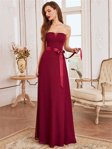 Sweet Strapless Satin Belted Flowy Bridesmaid Dress Ever Pretty Us