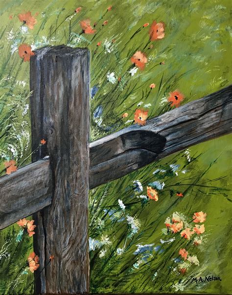Fence Post And Flowers Acrylic On Canvas Farm Scene Painting Landscape