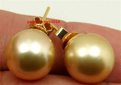 Charming10 11mm Natural Australian South Sea Golden Pearl Earrings 14k