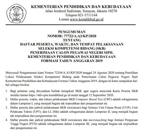 Daftar Peserta Dan Jadwal Skb Seleksi Cpns Kemendikbud Formasi 2019