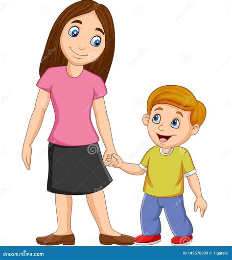 Cartoon Mother Holding Her Son S Hand Stock Vector Illustration Of