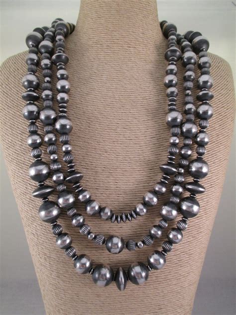 Ne5709 Multi Shaped 3 Strand Oxidized Sterling Silver Bead Necklace By