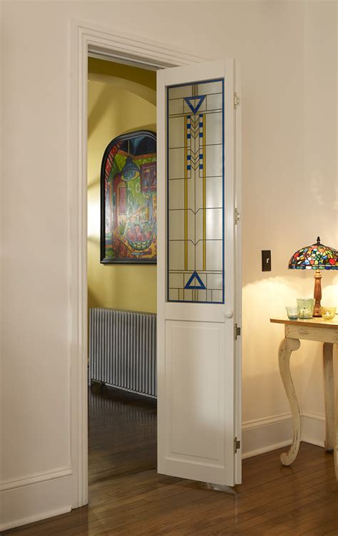 Stained Glass Door With Blue And Yellow Accent Artiste Bifold Door