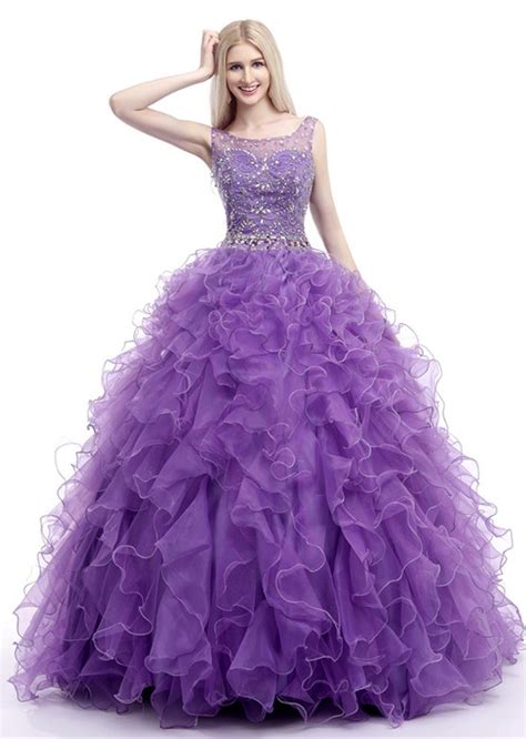 Beautiful Ball Gown Bateau Lavender Organa Ruffle Beaded Prom Dress