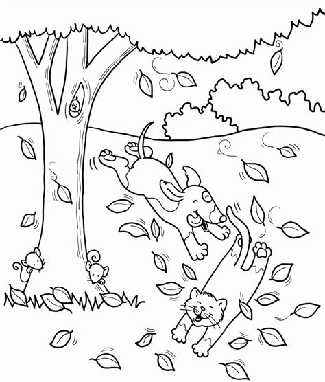 Fall trees and leaves coloring pages. Kids Page: Cat And Dog Playing In The Fall Tree Coloring Pages