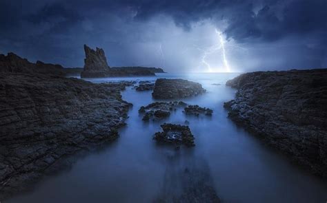 1230x768 Nature Landscape Coast Rock Storm Lightning Clouds Sea Sky