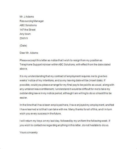 Two Weeks Notice Letter Template