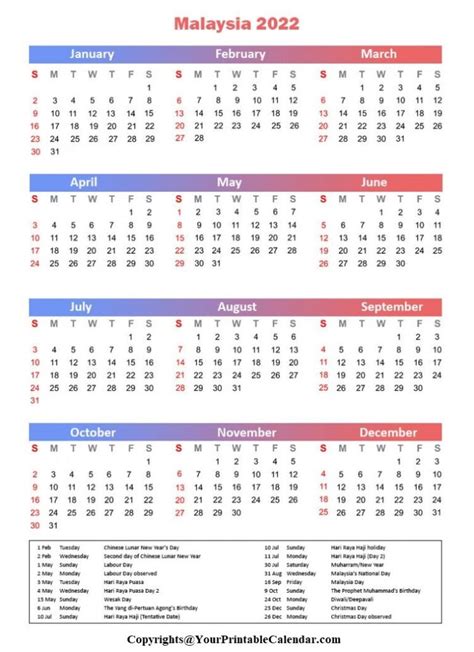 Printable Free Malaysia 2022 Calendar With Holidays Pdf
