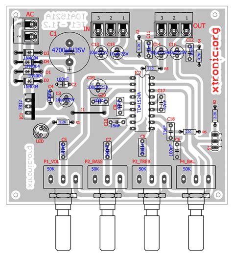 You can use a single channel variable potentiometer on this board to control the bass, treble, and master volume. Preamplifier Stereo TDA1524A Bass Treble PCB Layout - Xtronic.org
