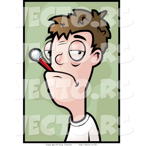 Cartoon Vector Of A Sick Young Man With Thermometer In His Mouth By