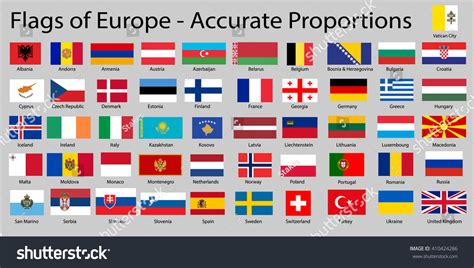 Flags Europe Continent Names Proper Dimensions Vetor Stock Livre De Direitos