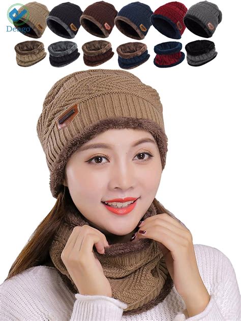 deago 2 pieces winter beanie hat scarf set warm fleece lined knit hat neck scarves for women men