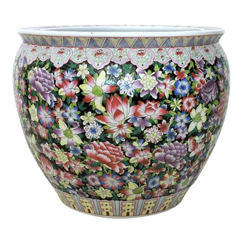 Chinese porcelain fishbowl planters in satsuma geishas. Vintage Chinese Porcelain 'Famille Noire' Floral Gold Fish ...