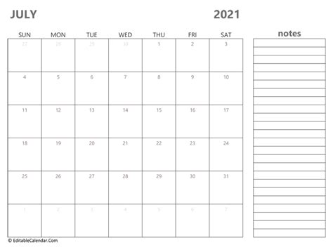 July 2021 Calendar Templates