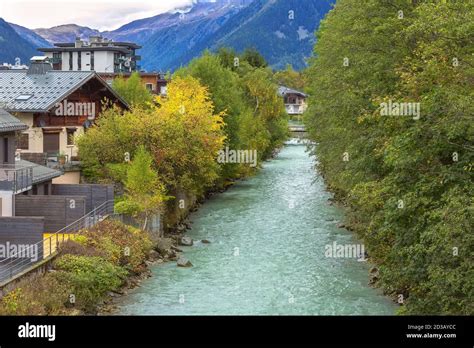 Chamonix Mont Blanc France River Arve And Autumn View Of Famous Ski