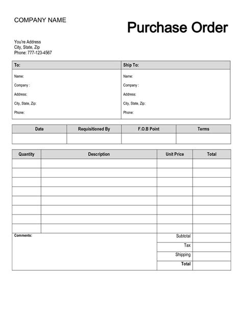 Printable Purchase Order Form Template Purchase Order Template Order