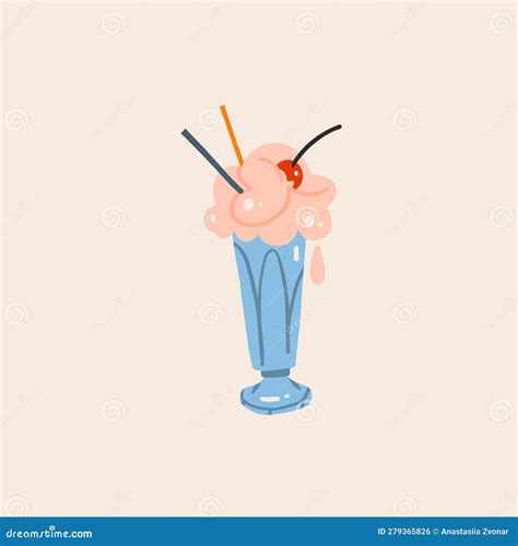 Drawn Vector Abstract Doodle Cartoon Sweet Ice Cream Drink Milkshake Cocktail With Whipped Cream