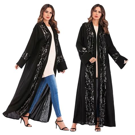 women muslim abaya dress kaftan open front cardigan sequins patchwork dubai robes turkish