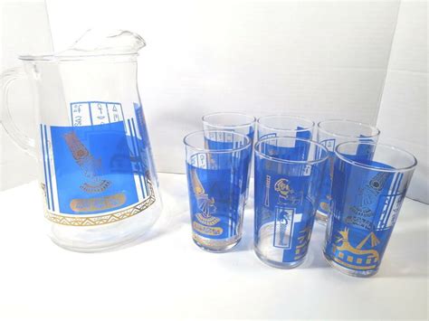 Mcm Glass Pitcher And Highball Cocktail Glasses 7 Piece Set Egyptian Theme Midcenturymodern