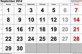 Calendar September 2014 UK with Excel, Word and PDF templates