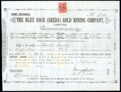 South Africa Blue Rock Sheba Gold Mining Co Ltd £1 Shares 1886